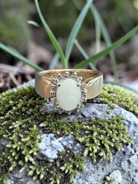 14K Yellow Gold Natural Opal & Diamond Halo Statement Ring‎